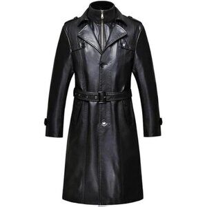 Men's Double Collar Long Trench Coat Long PU Leather Jacket Parka